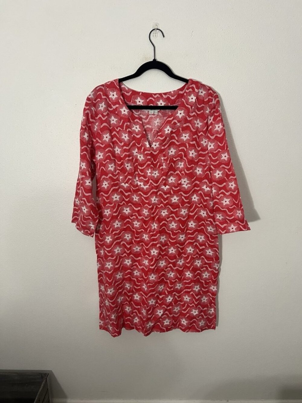 Boden 100% Linen V-Neck Mini Dress 3/4 Sleeve Red White Star Print Size 12L